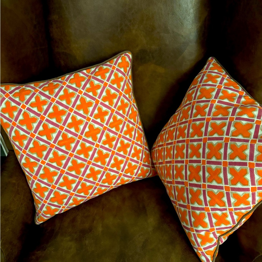 Two Jonathan Adler Accent Pillows 16” Square in Bold Orange & Purple Print